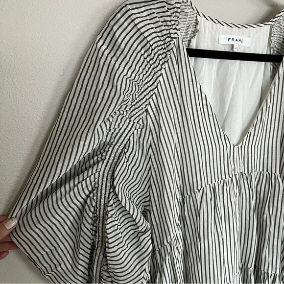 NWOT FRAME Shirred Empire Babydoll Dress Blanc Striped Black and White Large - Picture 5 of 12